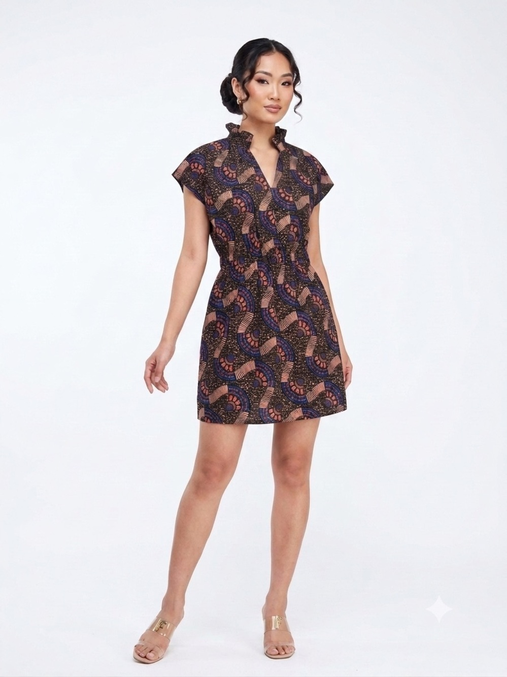 Ruffled High-Neck Mini Dress in Black and Pink Print